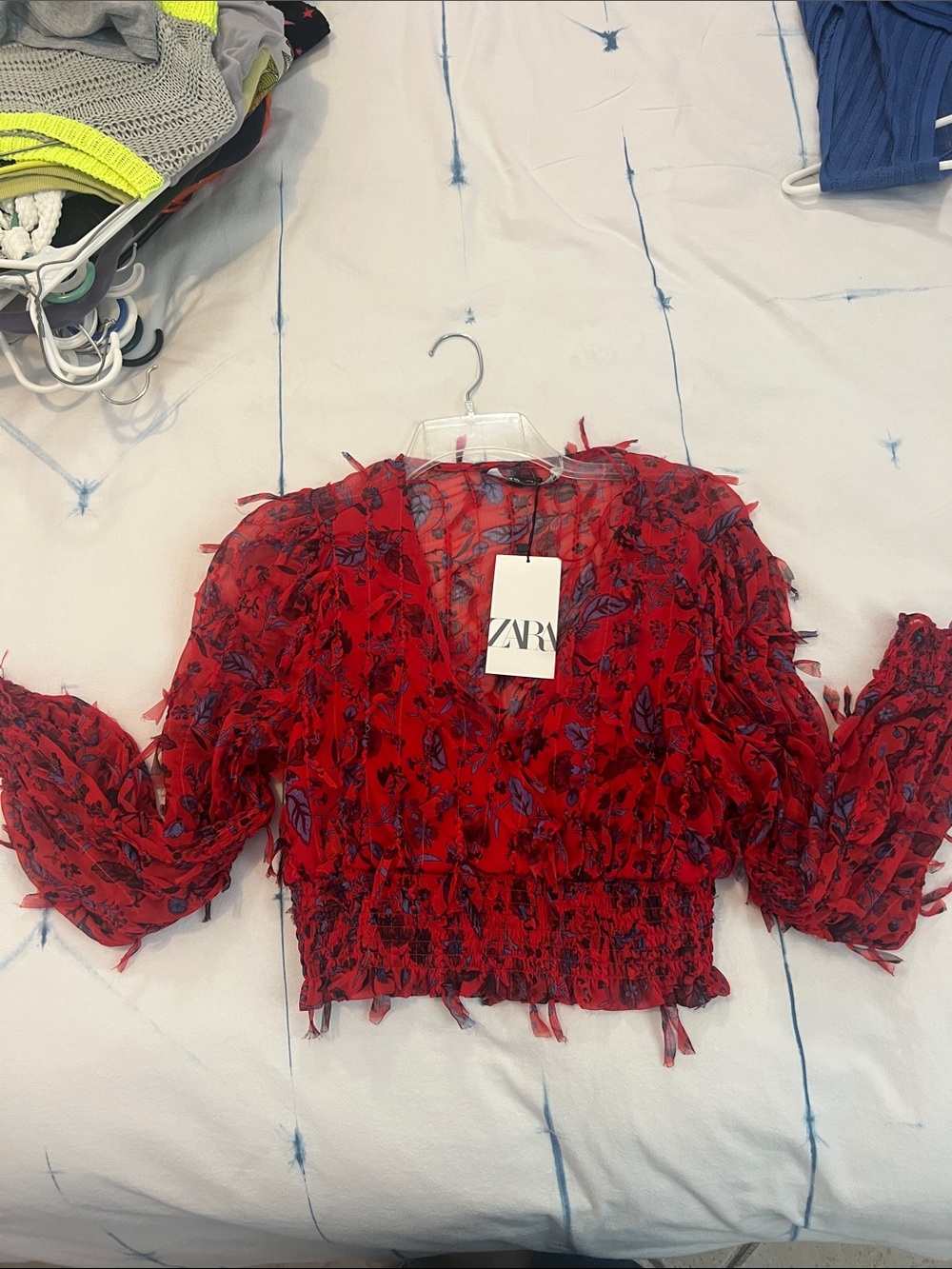 Zara Red Sheer Floral V-Neck Ruffle Top